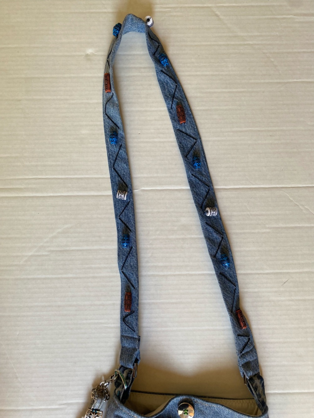 Upcycled Boho Denim Tassel Crossbody Bag with Beads and Embroidery - Picture 13 of 13